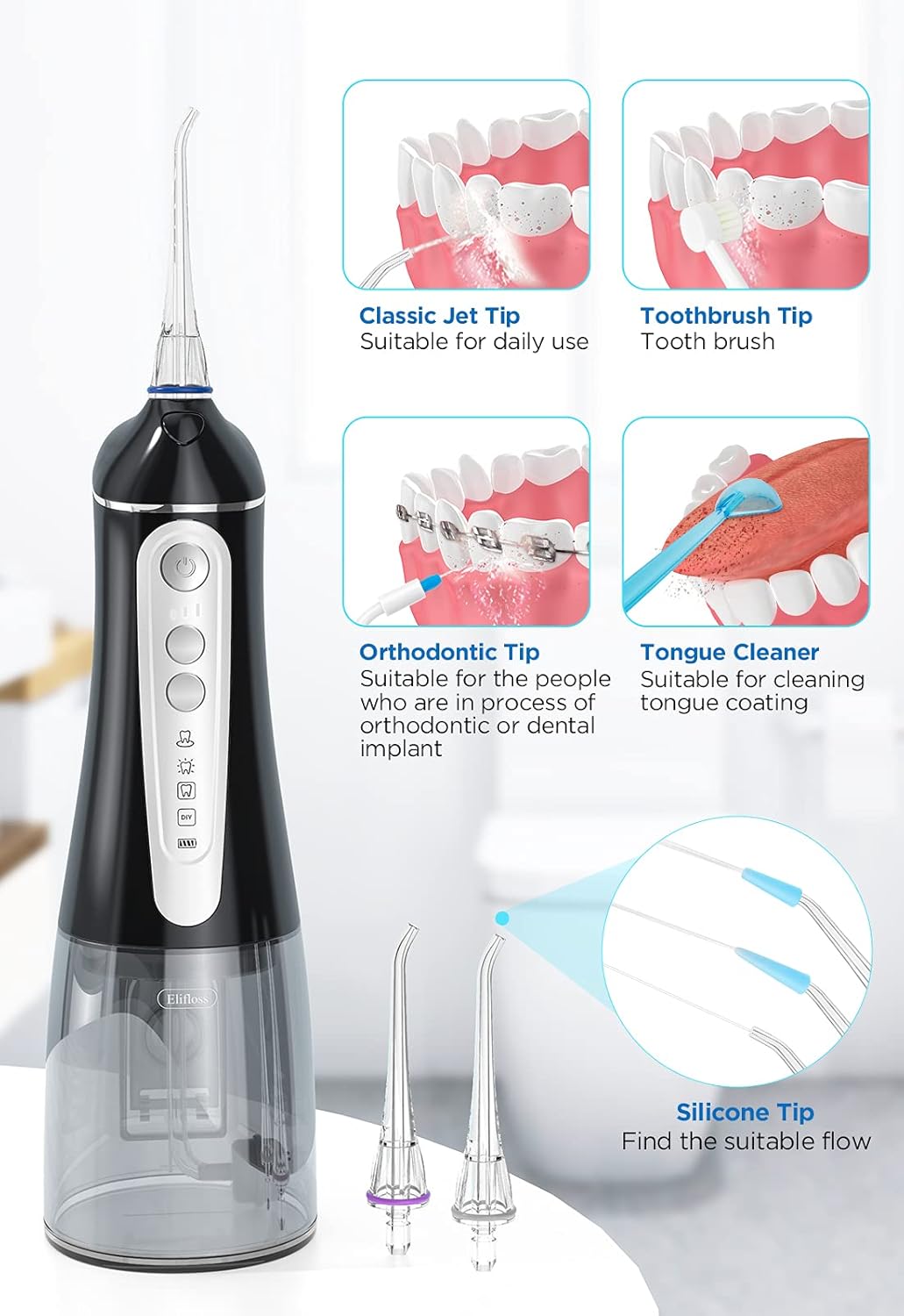 Water flosser Elifloss Oral Irrigator with 4 Modes,7 Jet Tips, Rechargeable Plaque Remover IPX7 Waterproof 320ml Detachable Tank Water flossers for Teeth Clean Braces & Bridges Care Home & Travel : Beauty & Personal Care
