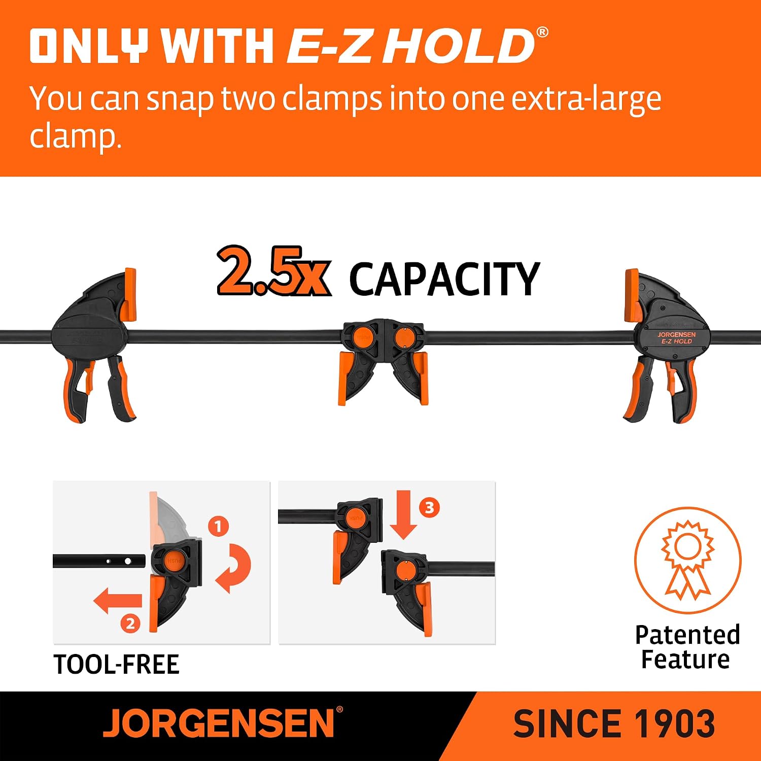 Jorgensen E-Z Hold 800LBS Heavy Duty Clamps, 36 Inch 2-Pack Expandable Clamp/Spreader, One Hand Quick Grip Bar Clamps, Trigger Clamp, Bar Clamps for Woodworking