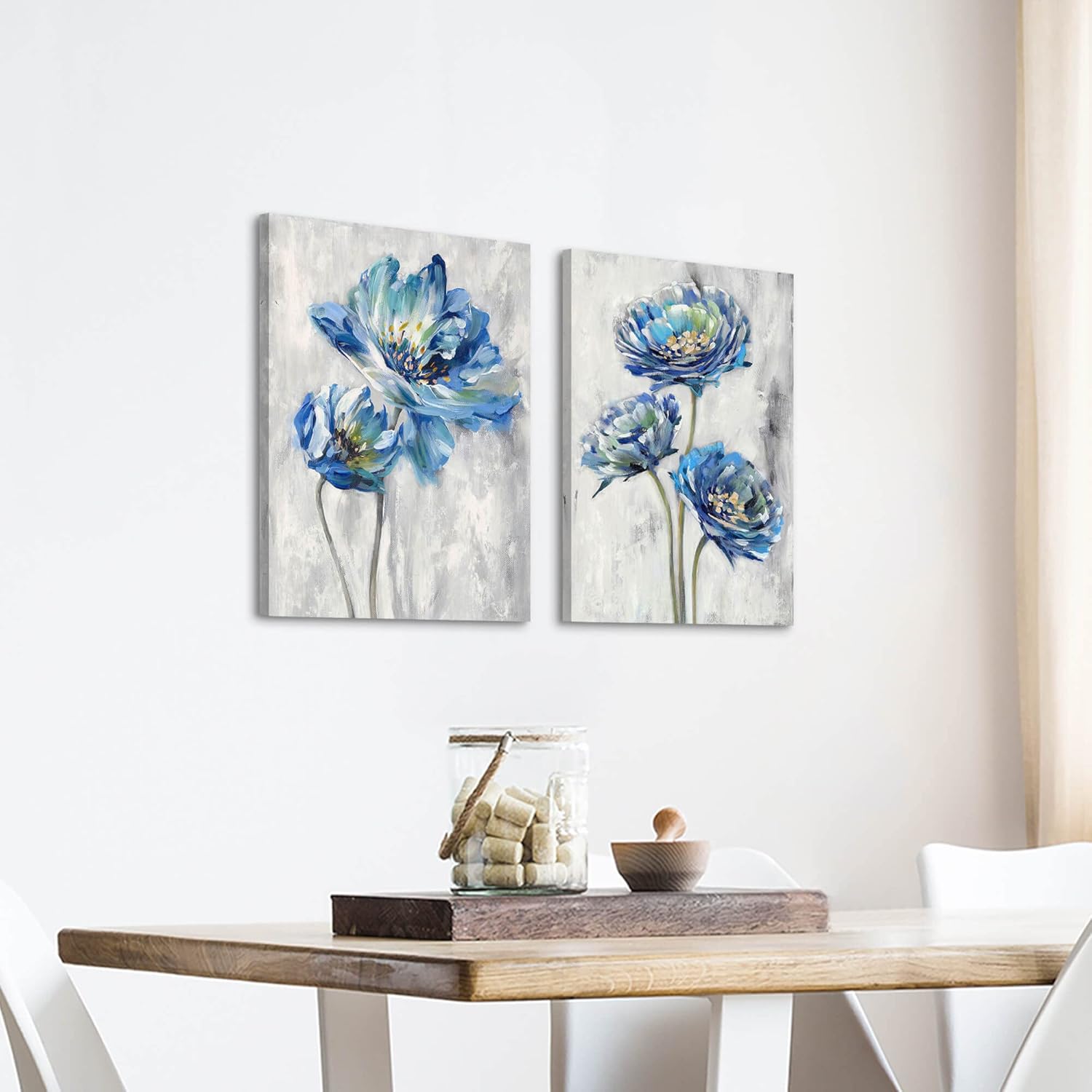Color Play Blue Flower Canvas Wall Art: Bathroom Bedroom Abstract Lotus Floral Painting Picture 2 Piece Modern Botanical Nature Giclee Print Artwork for Living Room Home Decor Ready to Hang