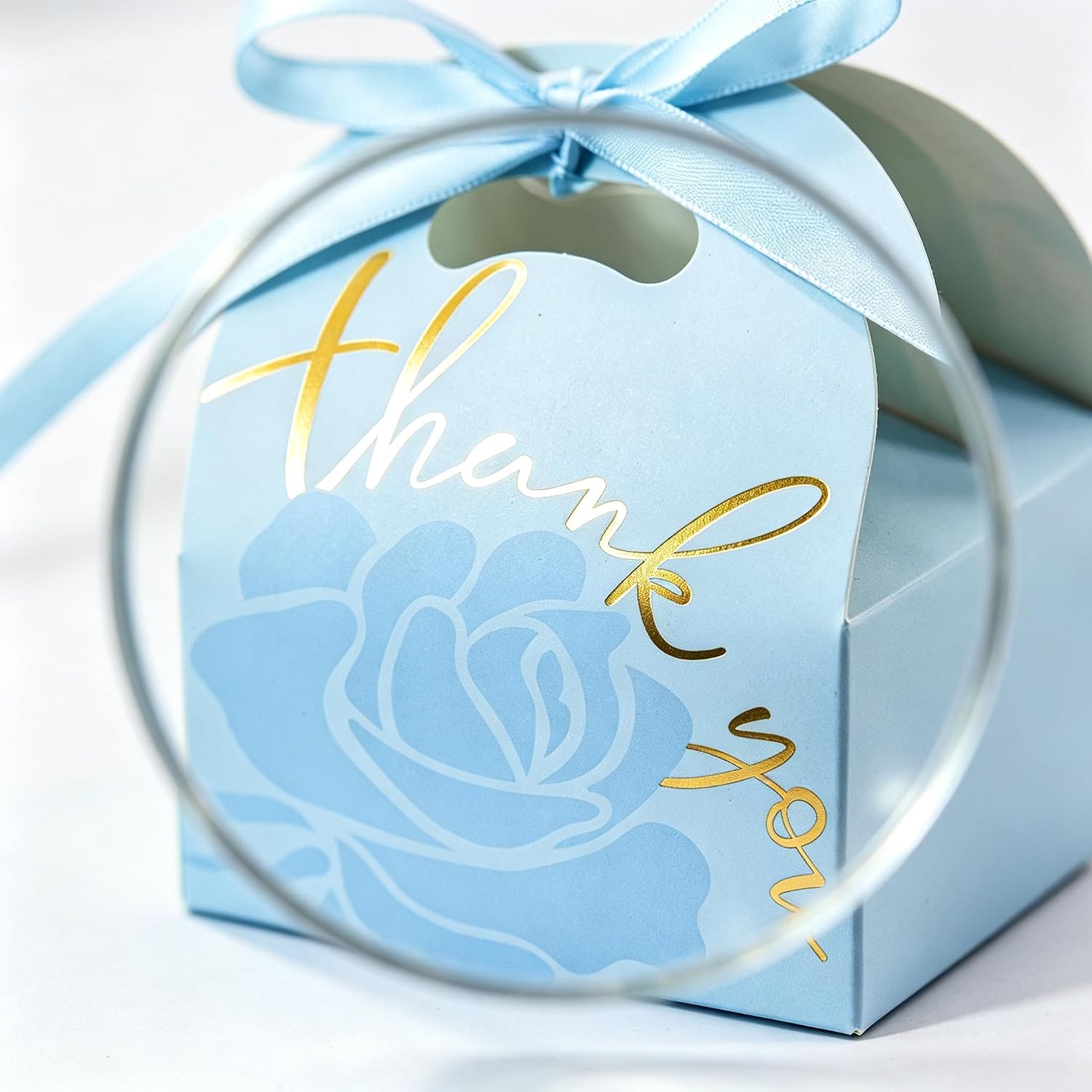 30 PCS Set Rose Thank You Party Favor Boxes with Satin Ribbon, 5.12×3.94×2.56 Inch Foldable Gift Candy Treat Boxes, Wedding Bridal Shower Birthday Banquet Guest Thank You Gift Boxes (Baby Blue) image 4