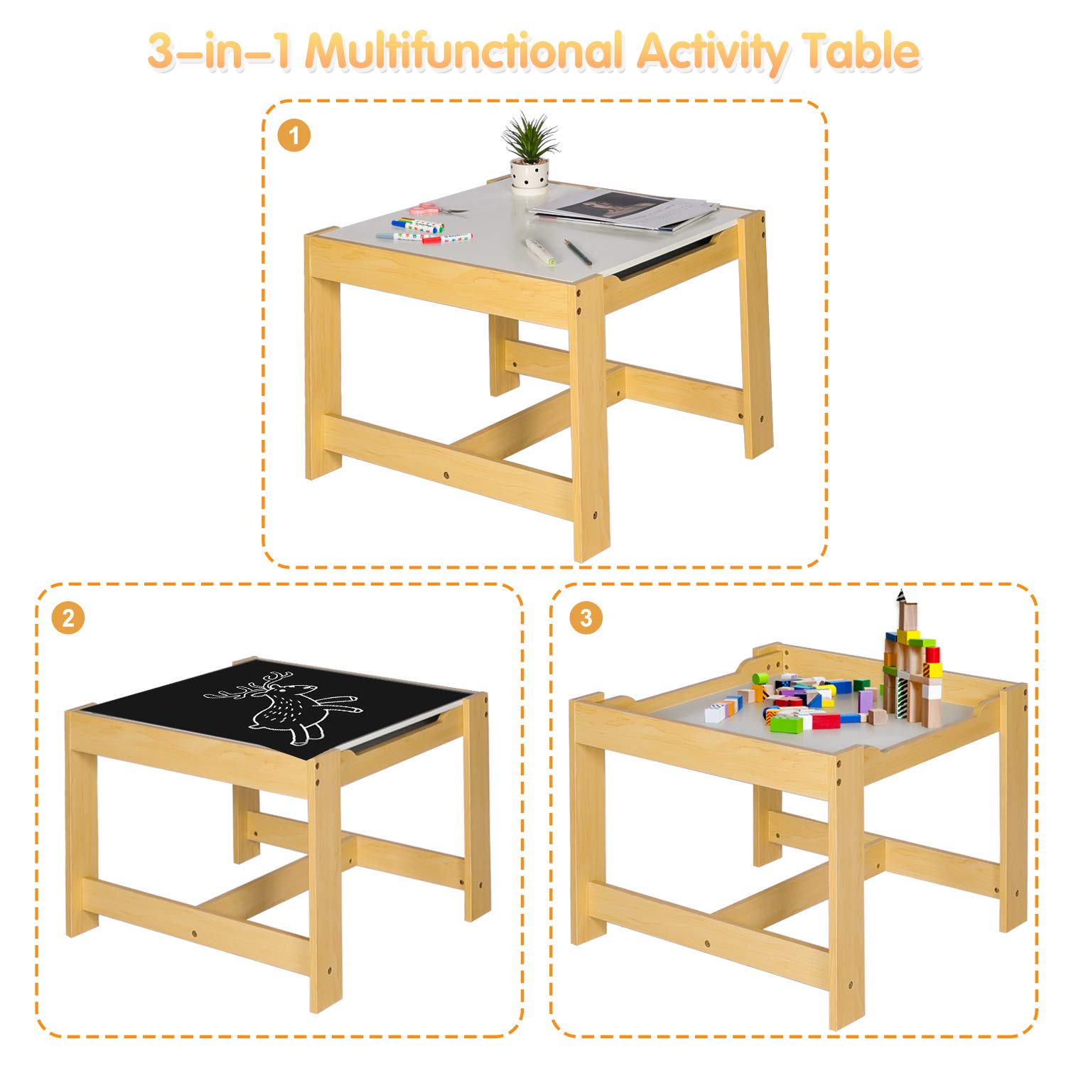 3 in 1 Kids Wood Table and 2 Chairs Set Kids Multi Activity Table and Chair with Storage Children Play Desk for Building Blocks Reading Drawing Art Playroom (Natural)