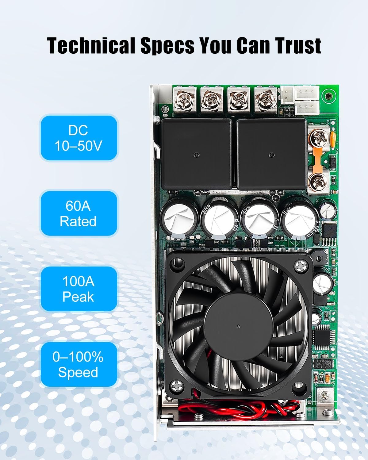 Integrated Thumb Throttle & PWM DC Motor Speed Controller Solution, 10-50V 60A/Max 100A Forward-Reverse Real-Time Voltage Display Cooling Fan and Safety Fuse
