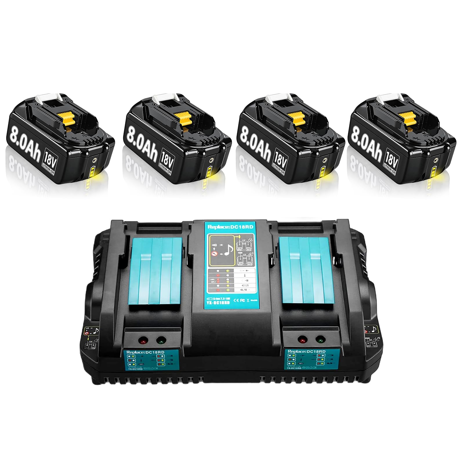 4Pack 8.0Ah 18V Replacement for Makita Battery Lithium with DC18RD Charger