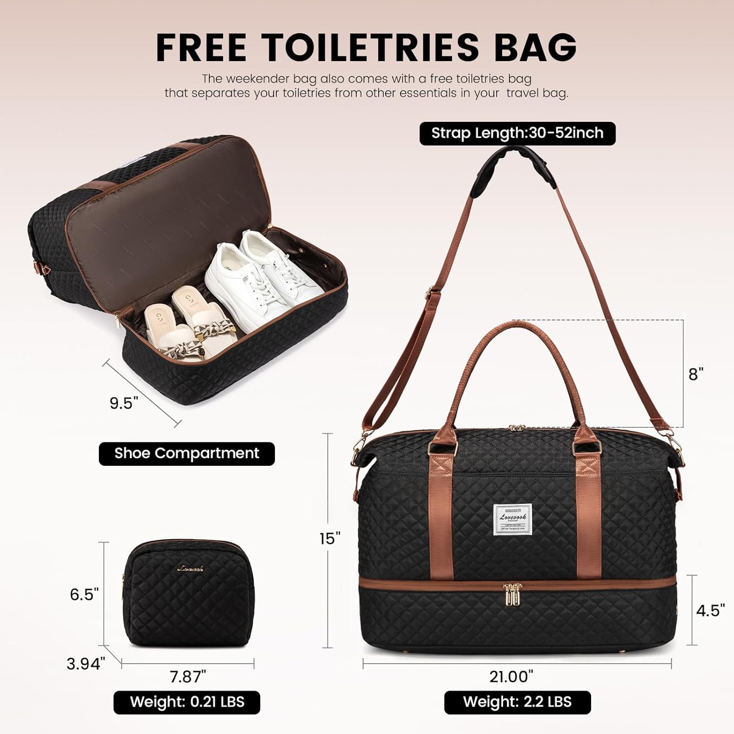 LOVEVOOK Travel Duffle Bag,Weekender Bags for Women with Shoe Compartment，Carry on Overnight Bag with Toiletry Bag,Gym Duffel Bag with Wet Pocket, Hospital Bags for Labor and Delivery - Image 2