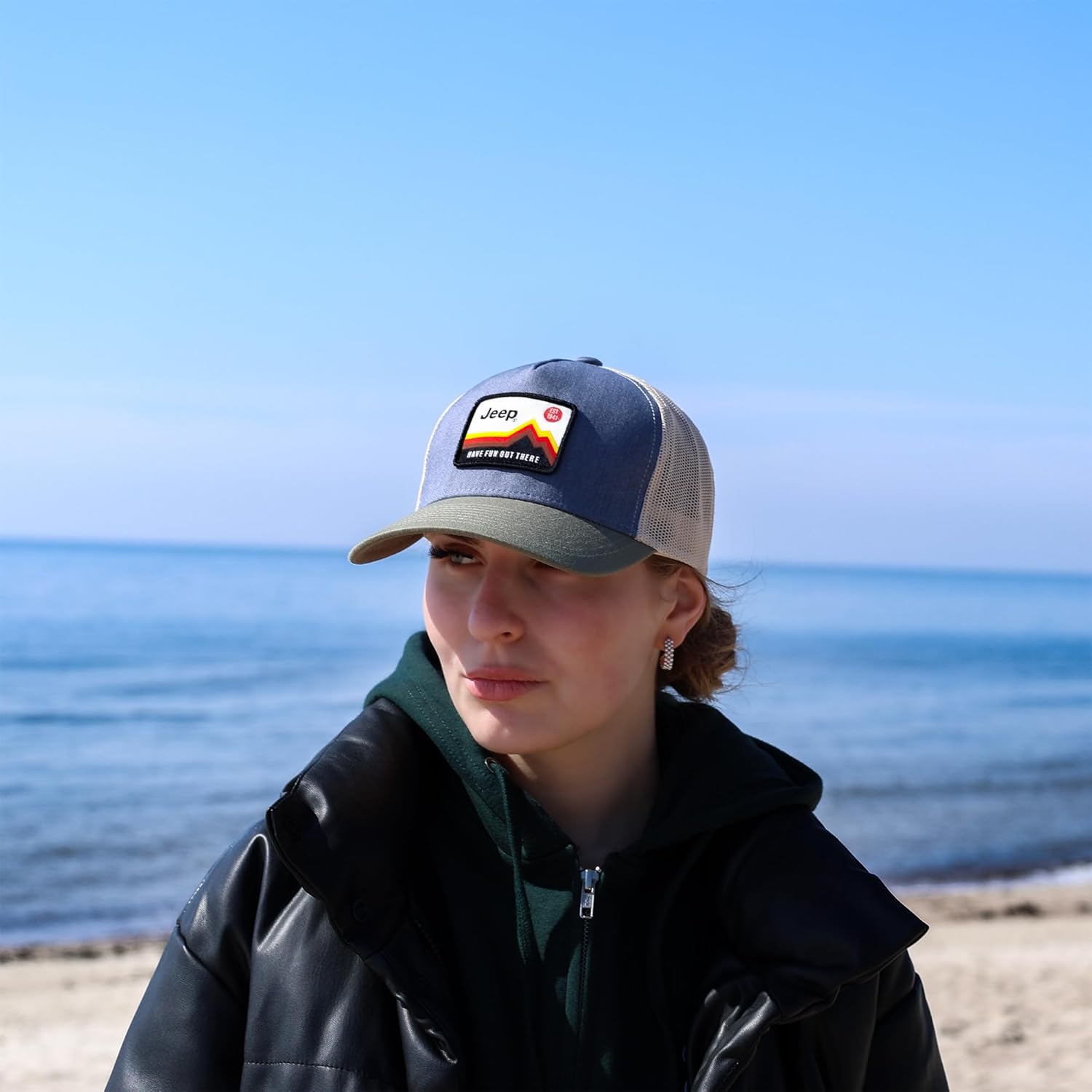 Jeep Have Fun Out There Trucker Snapback Patch Hat Grey/Army Green/Cream - Image 5