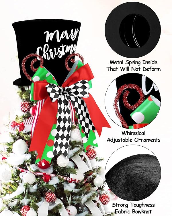 Merry Christmas Tree Topper Whimsical Top Hat with Check Bows Xmas Tree Ornament Winter Holidays Home Decoration Wreath Attachment Festive Gift Ideas Supplies by CiyvoLyeen - Image 4