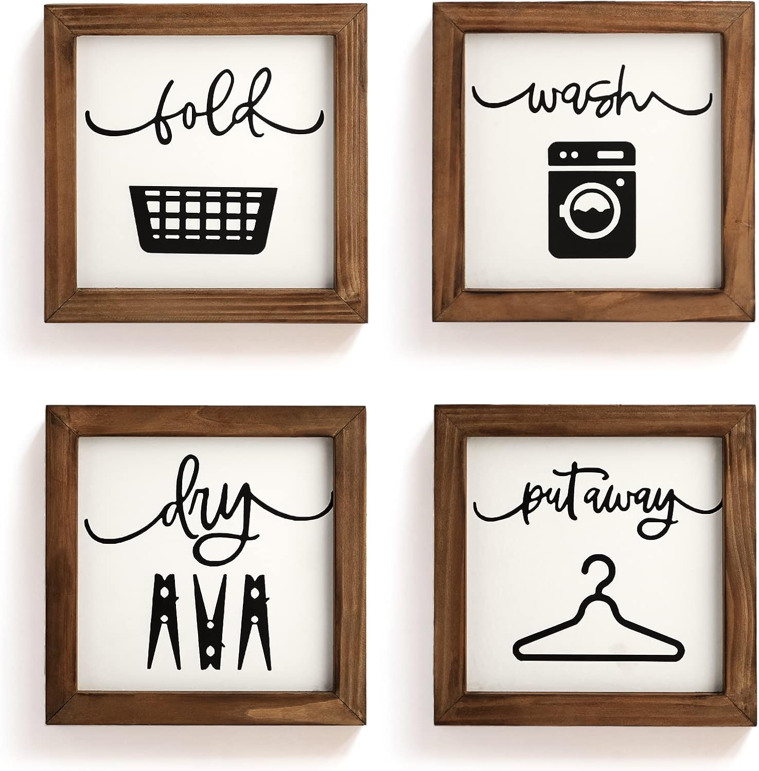 Laundry Room Decor for Wall Farmhouse Signs Set of 4 Wash Dry Fold Put Away Rustic Decor for Shelf Laundry Wall Art with Wood Frame Decorative Room Sign 8'' x 8''