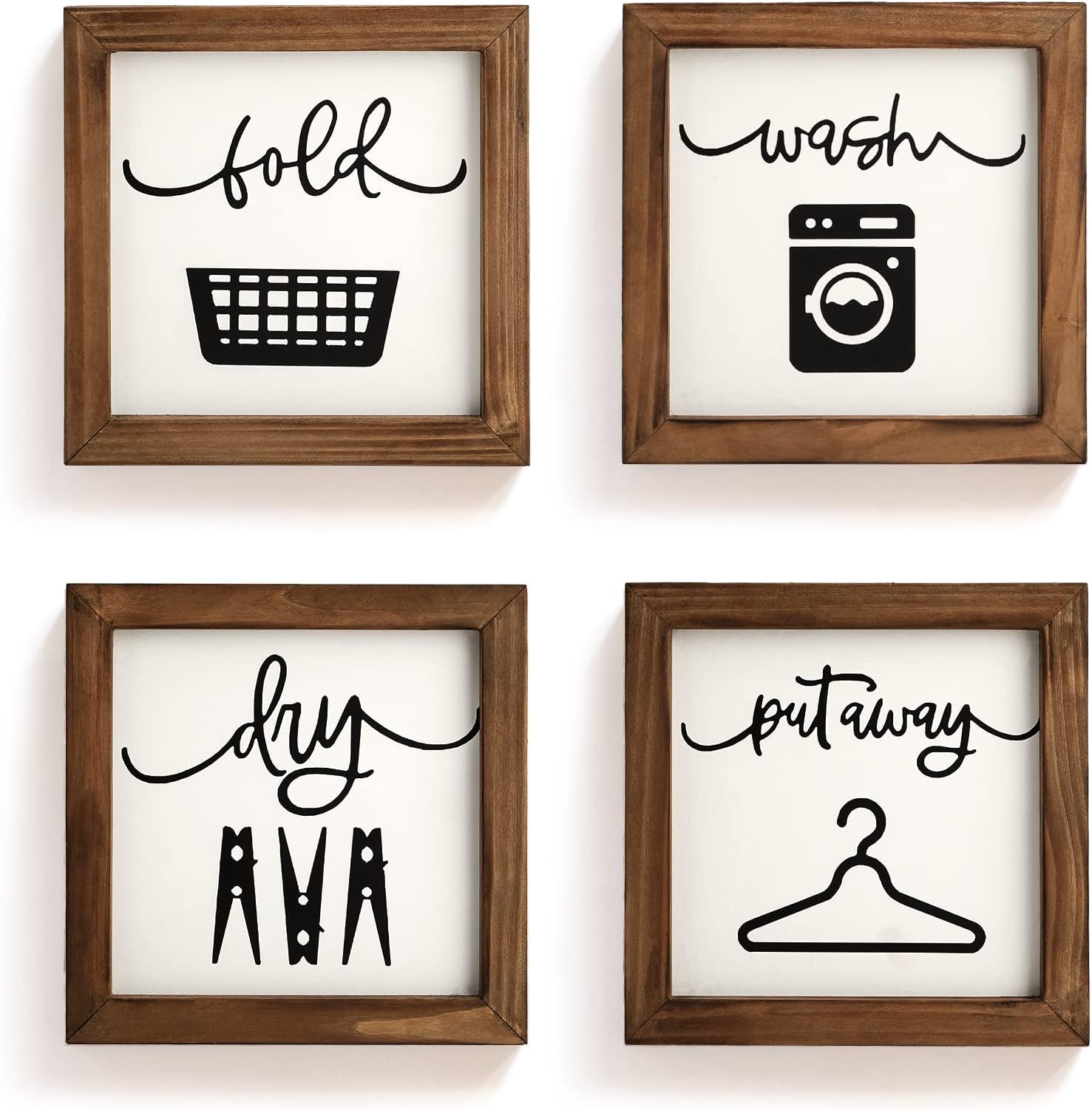 Laundry Room Decor for Wall Farmhouse Signs Set of 4 Wash Dry Fold Put Away Rustic Decor for Shelf Laundry Wall Art with Wood Frame Decorative Room Sign 8'' x 8''
