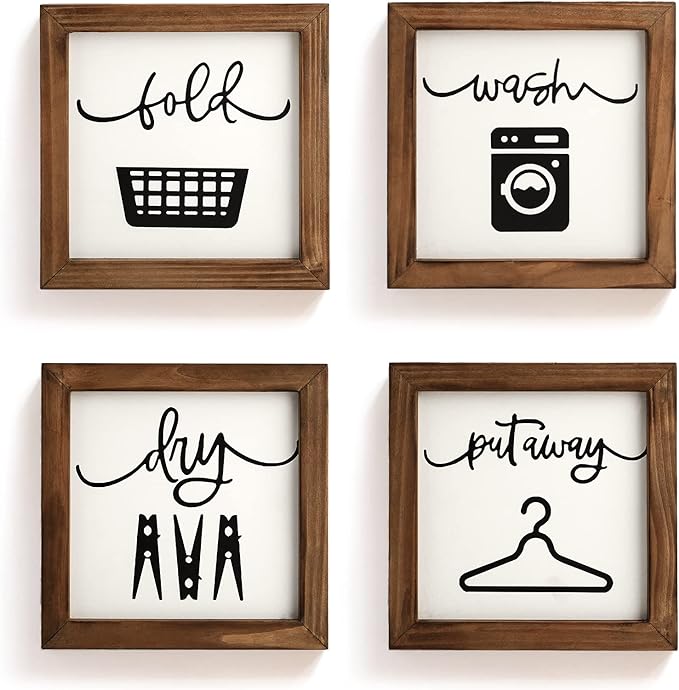 Laundry Room Decor for Wall Farmhouse Signs Set of 4 Wash Dry Fold Put Away Rustic Decor for Shelf Laundry Wall Art with Wood Frame Decorative Room Sign 8'' x 8''