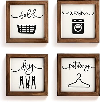 Laundry Room Decor for Wall Farmhouse Signs Set of 4 Wash Dry Fold Put Away Rustic Decor for Shelf Laundry Wall Art with Wood Frame Decorative Room Sign 8 x 8