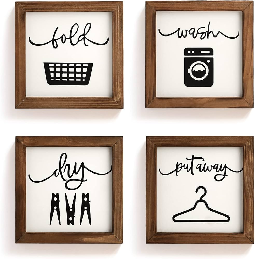 Laundry Room Decor for Wall Farmhouse Signs Set of 4 Wash Dry Fold Put Away Rustic Decor for Shelf Laundry Wall Art with Wood Frame Decorative Room Sign 8'' x 8''