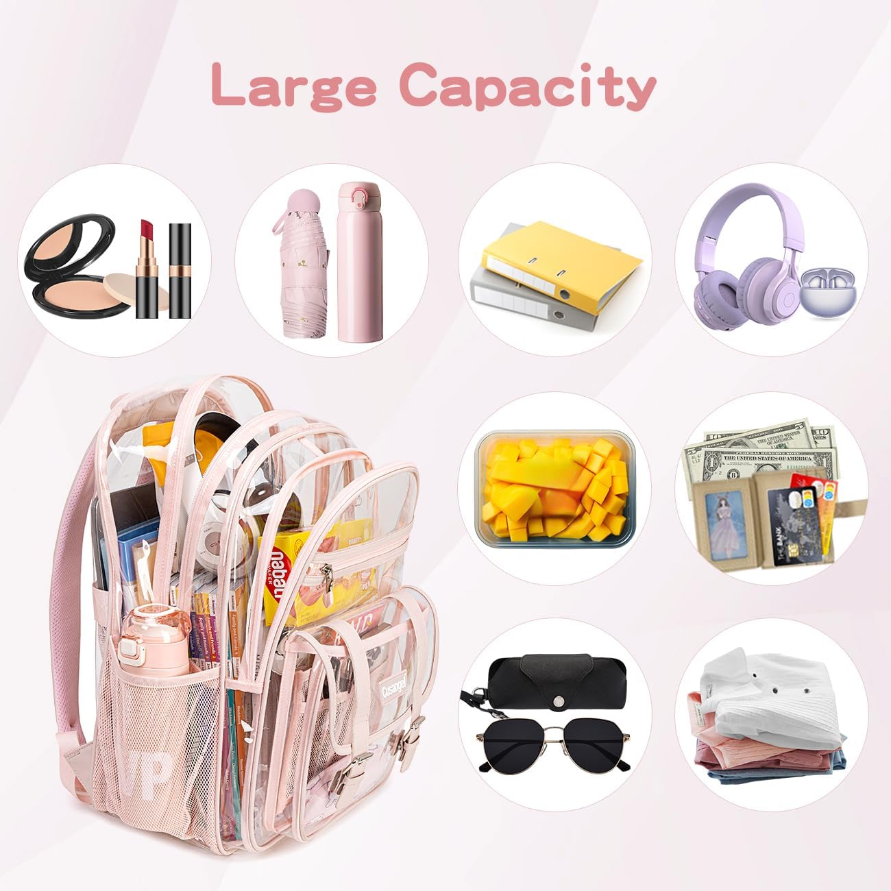 Cusangel TPU Pink Clear backpack for Girls women,18" See Through Heavy Duty Bookbag,warehouses, school and other security check locations (Pink)