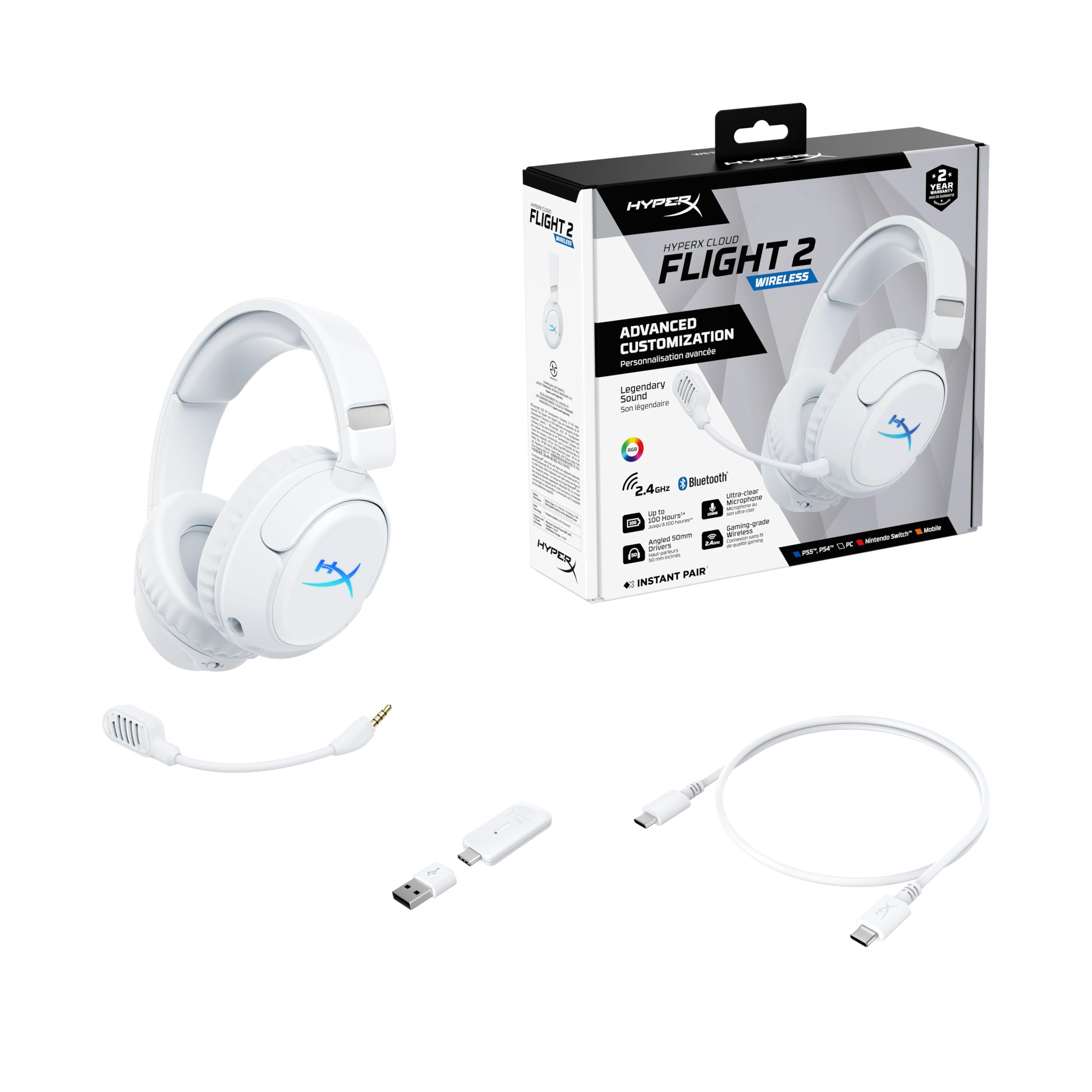HyperX Cloud Flight 2 Casque de Gaming sans Fil, lumières RVB Personnalisables, Batterie 100 Heures, Dual Wireless 2,4 GHz et Bluetooth, Instant Pair, PC/PS/Switch/Mobile, Blanc