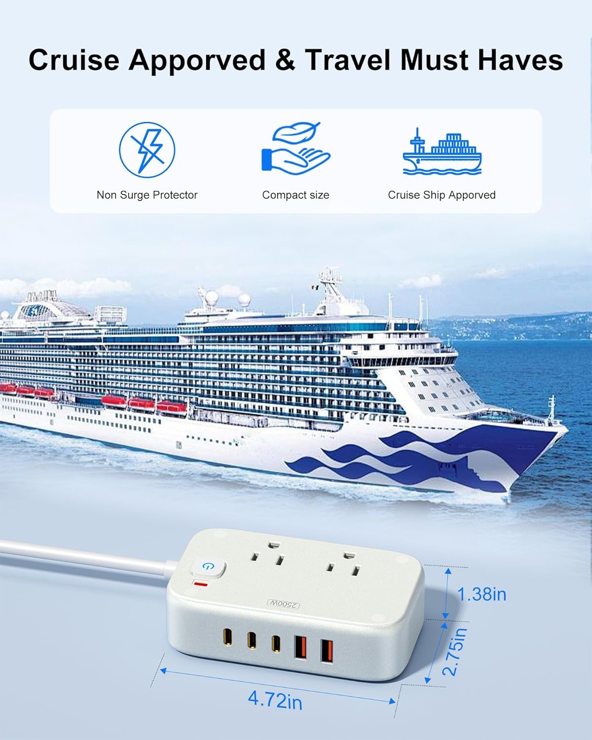 Power Strip with USB C Ports, 30W USB C Charging Station with 2 Outlets 3 USB C & 2 USB A, Travel Charger for Multiple Devices, 5FT Flat Extension Cord USB Charger Hub for Travel Home (Pearl White)