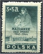 Rare 1946 Polish Stamp Depicting Skeleton in Nazi Uniform Spraying Zyklon B Gas Over Lublin Concentration Camp, Catalog No B45, Mint Never Hinged