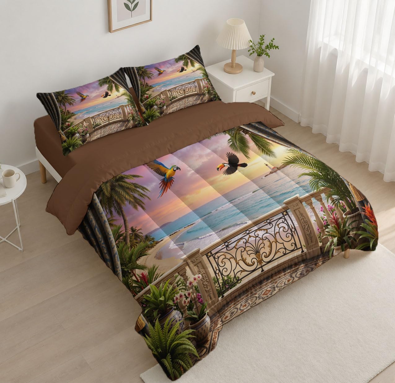 Natural Scenery Comforter Set Twin Size, Seascape Birds Plants Bedding Set for Girls Boys, Green Quilt Bed 68"X90" Bedding Comforter Sets with 2 Pillowcase Room Decor