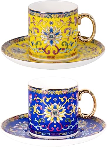 Miniatura 17 de KAMMAK Juego de 2 tazas de té y platillos, taza de café de porcelana con platillo para expreso, capuchino, 7.5 onzas, taza de cerámica floral