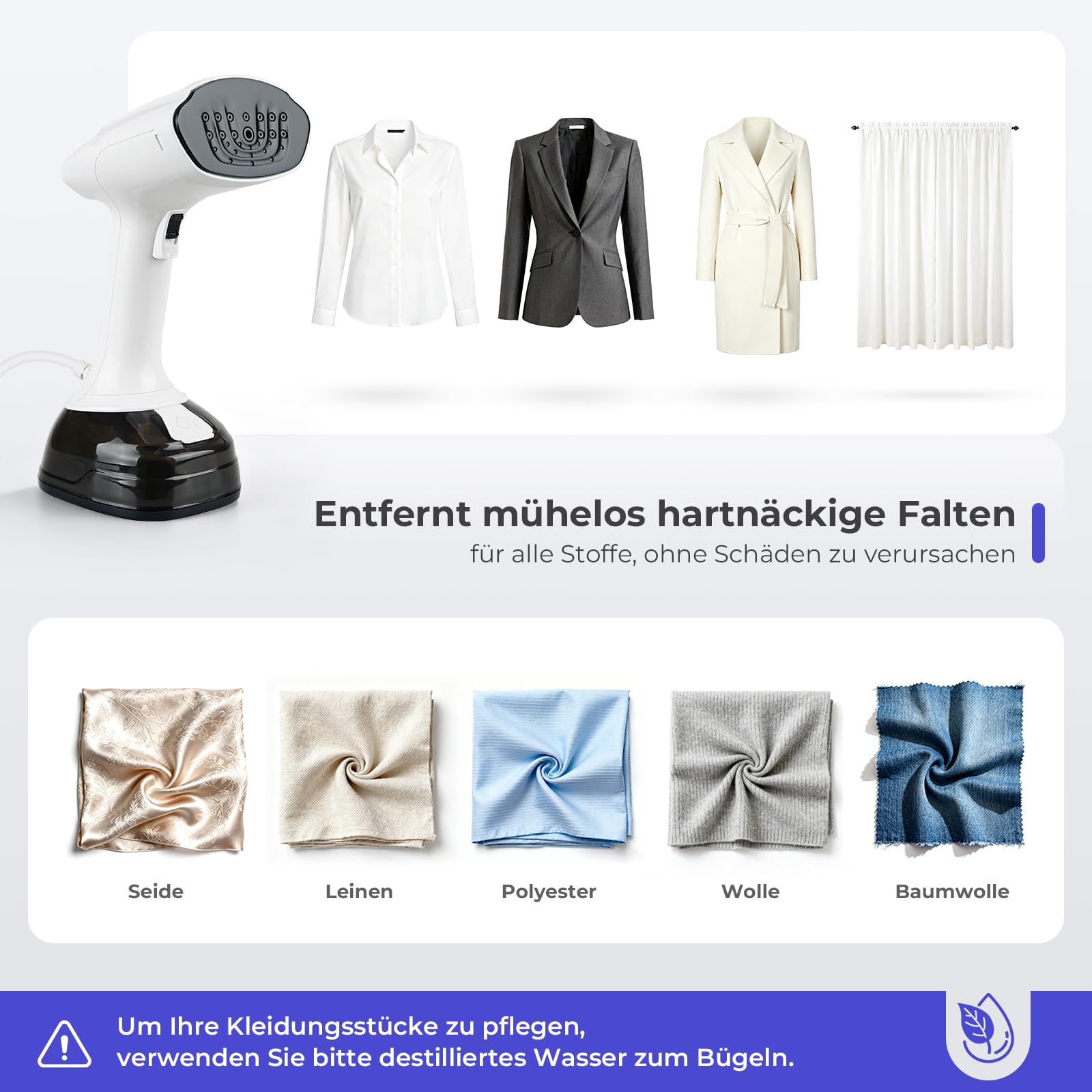 Steamer & Dampfglätter 1800W, Tragbarer Dampfbügler mit 3 Dampfstufen & 400ml Wassertank, Kompakter Reisebügeleisen zum Schnell Entfalten von Hemden, Kleidung und Vorhängen