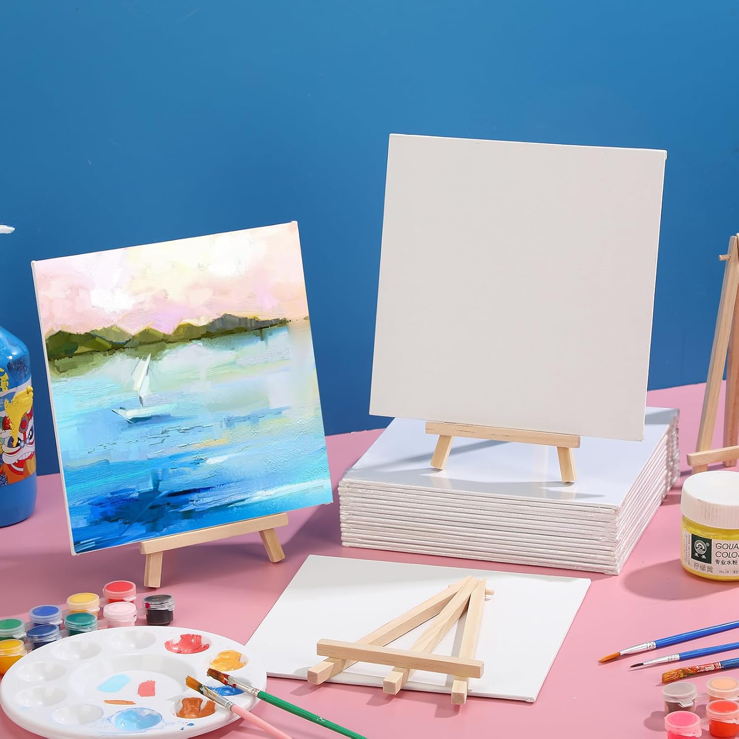 MotiMind 36 Pcs Mini Canvas and Easel Set for Painting, 8 x 8 Inch Canvas Panels with 8 Inch Wooden Easels for Oil Acrylic Painting Christmas Birthday Valentine's Mother's Day Art Crafts Party Favors