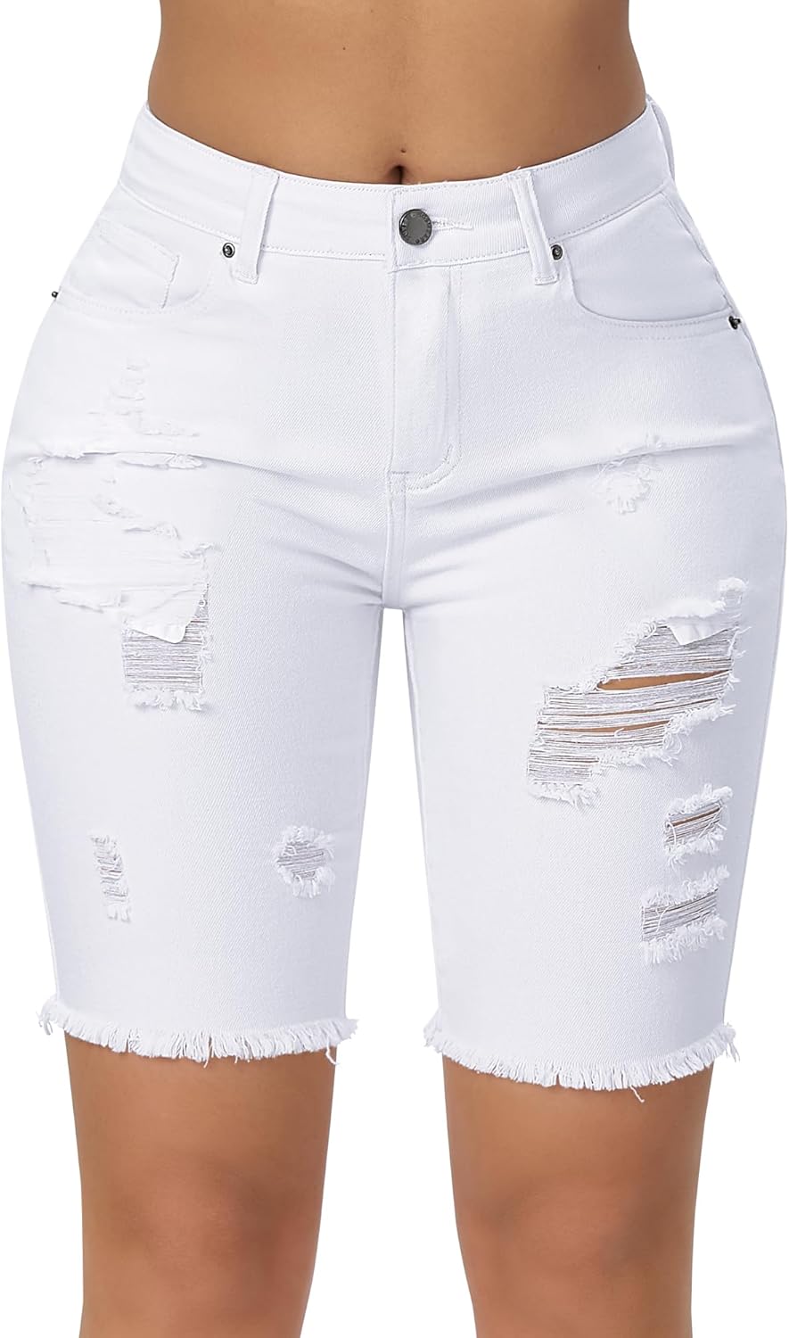 roswear Women's Bermuda Shorts Distressed High Waisted Denim Jean Shorts with Frayed Hem