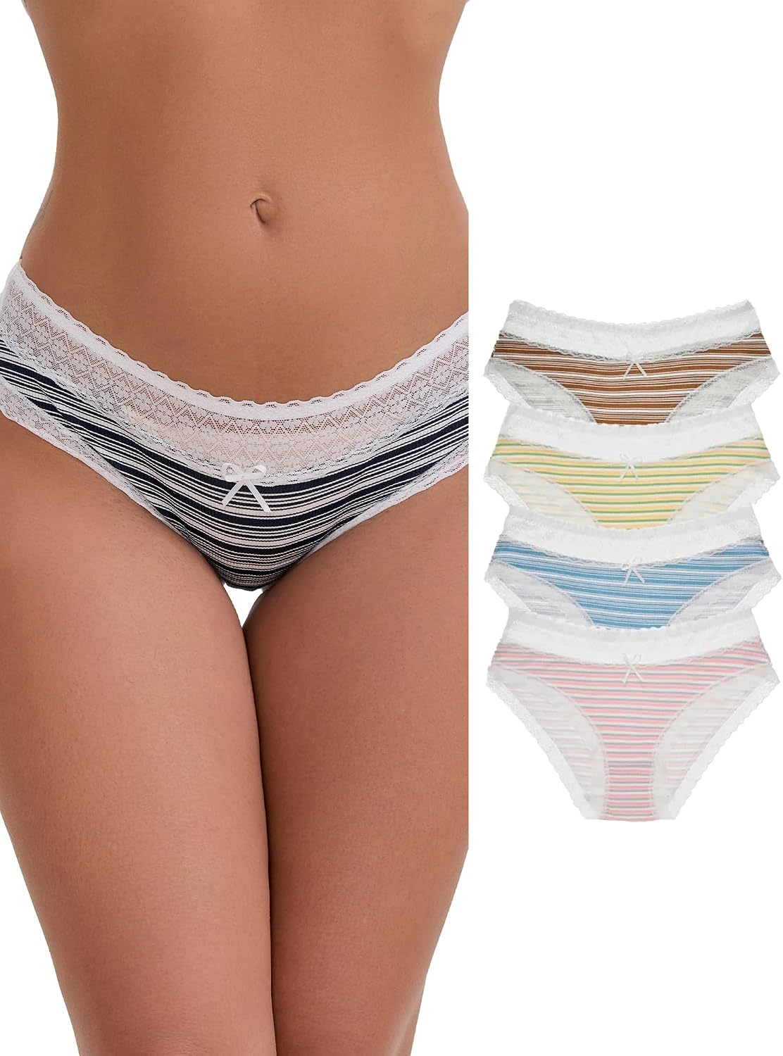 Allegra K Women's Mid-Rise Cotton Lace Trim Underwear Elastic Comfortable Printed Striped Briefs 5 Packs