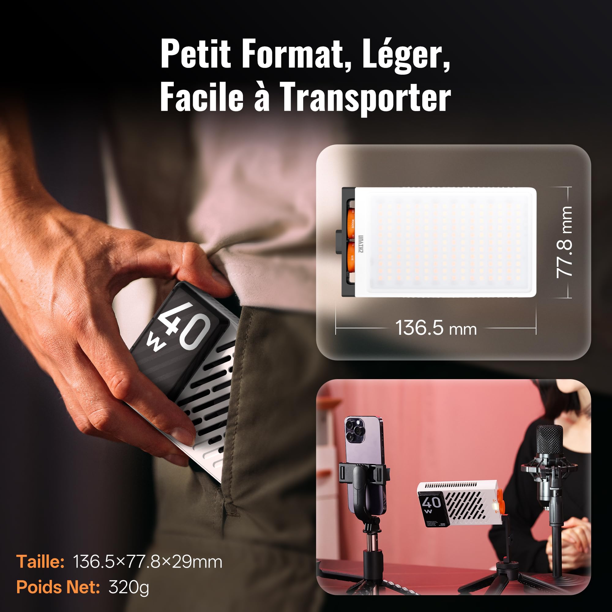 ZHIYUN FIVERAY M40 [Official] Panneau LED 40W, Lumiere Photo de Poche 320g | Lumiere Video avec Batterie, 14000 Lux, 2700-6200k, CRI≥96, TLCI≥97, Streaming Lampe Portable pour Youtube TikTok Livestream