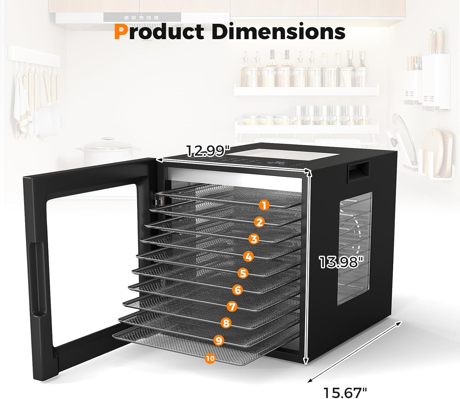 Diagram showing the dimensions of the COSTWAY Food Dehydrator