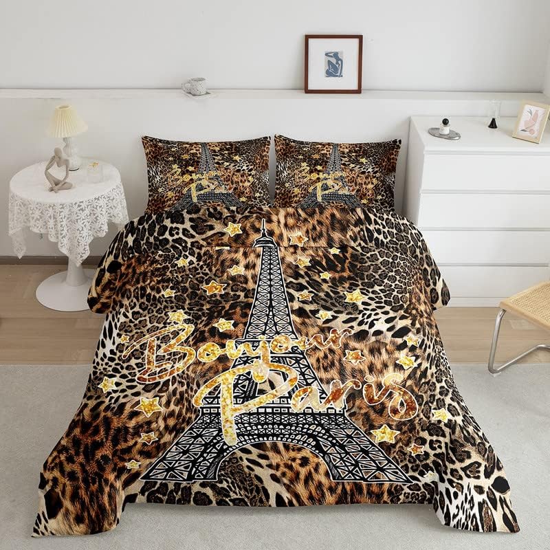 Juego de edredón con estampado de leopardo, Torre Eiffel para niños, adolescentes, juego de ropa de cama con purpurina de París, guepardo, safari,