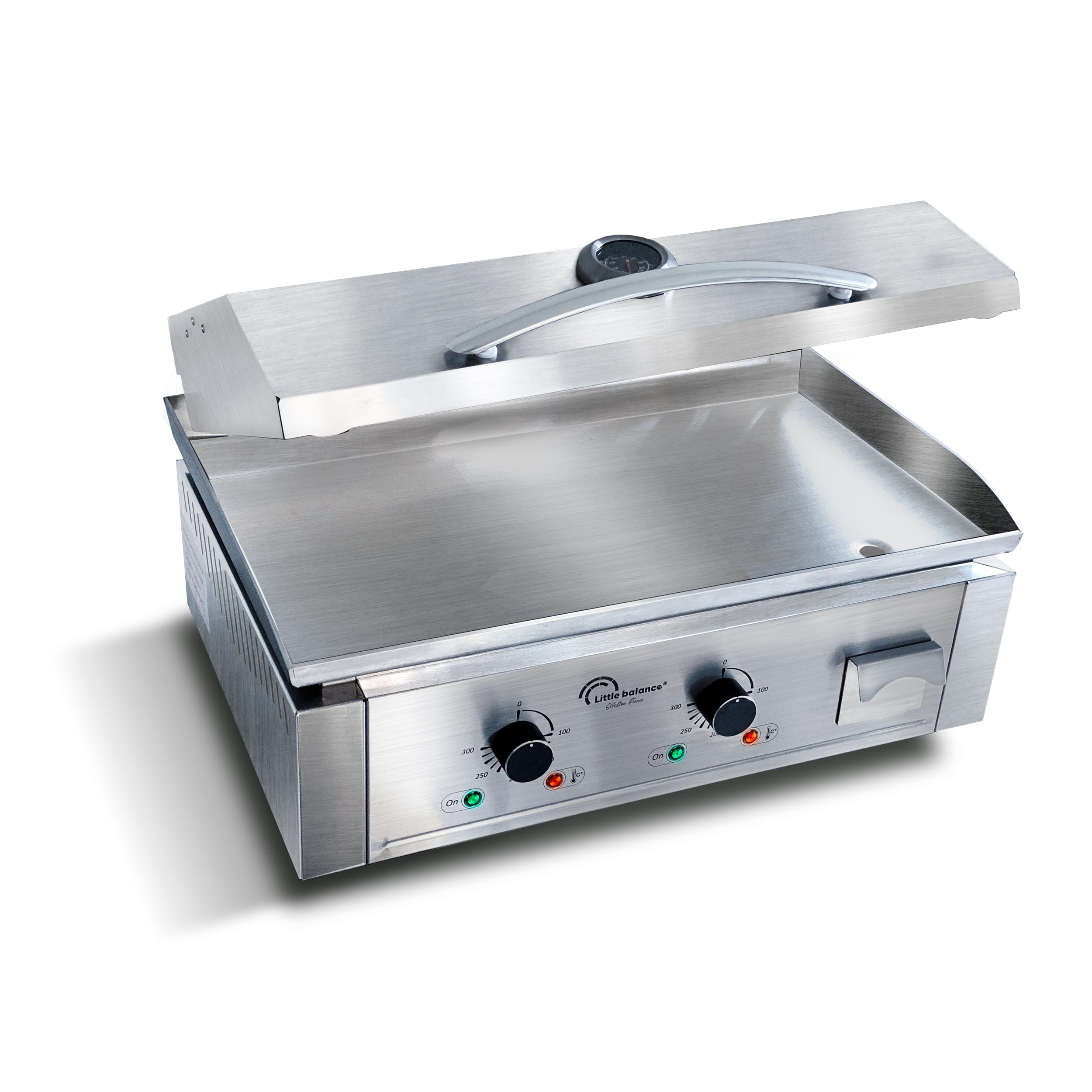 LITTLE BALANCE 8473 Aquitania Pro Plus, Piastra elettrica professionale, 2 zone di cottura, coperchio, 3500 W, Fabbricazione francese, Tutto Inox