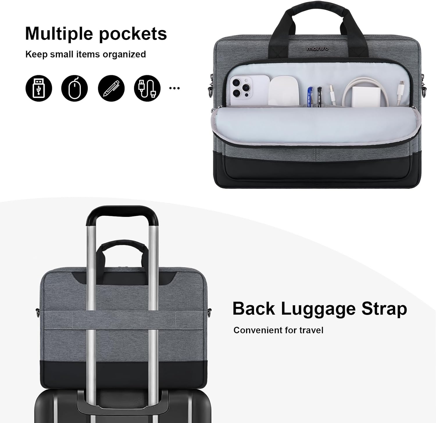 MOSISO Laptop Shoulder Bag for Men, Messenger Computer Bag Compatible with MacBook Pro 16 inch, 15-15.6 inch HP, Dell, Lenovo, Notebook with 3 Front Pockets&Handle for Business Office, Gray&Black - Image 4