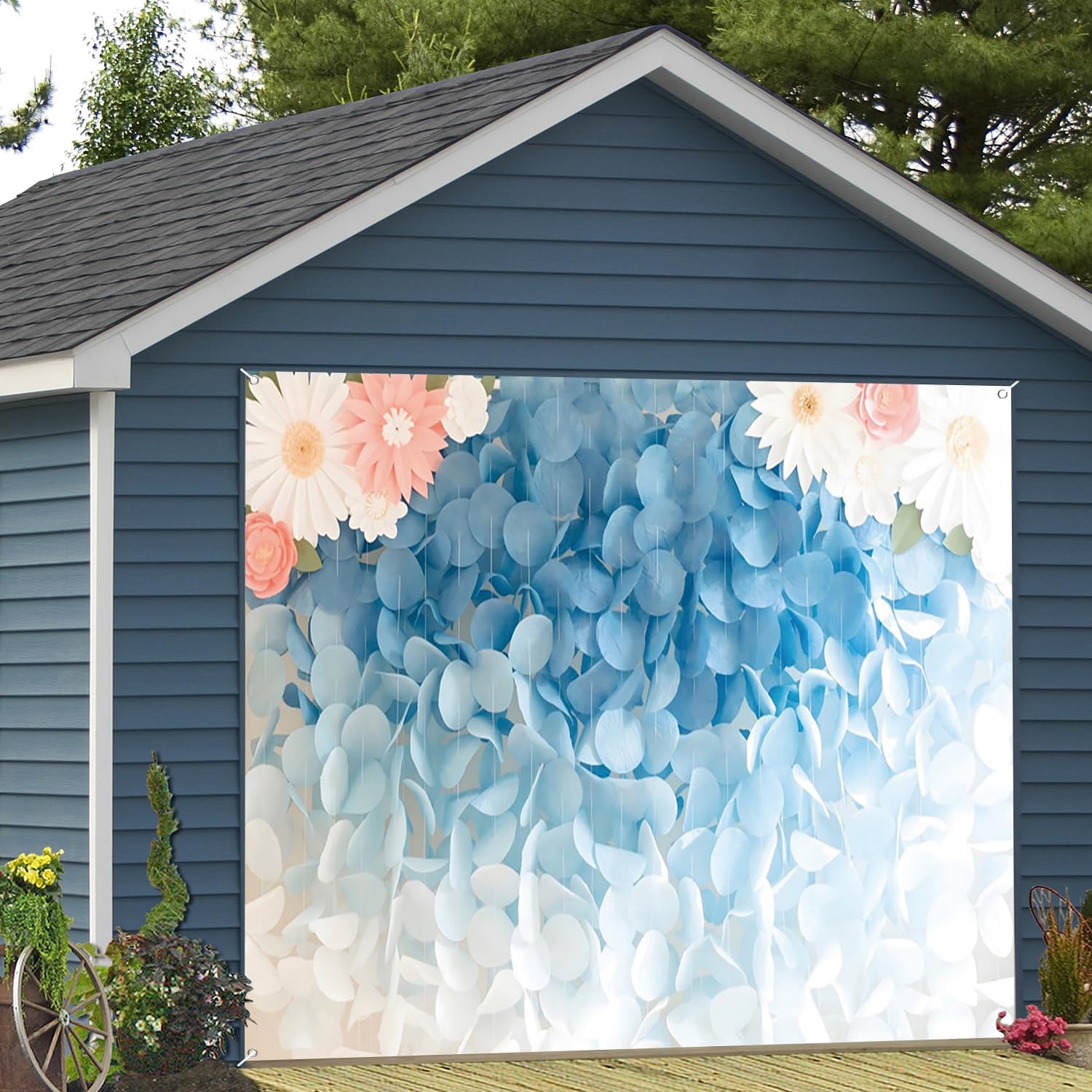 7x8ft Garland Royal Garage Door Decor White and Blue Big Circle Polka Dot Floral Dreamworld Garage Door Cover Princess Girl Newborn Bridal Shower Party Decor Banner Photo Booth