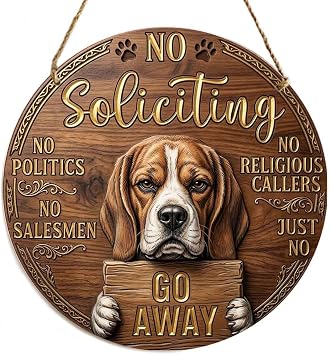 Dont Knock or Ring Funny Dog Lover Door Sign - 12 Inch Round Wooden Hanging Plaque - Dogs Will Bark Warning Sign for Front Door, Porch - No Soliciting Decor & Gift for Pet Owners