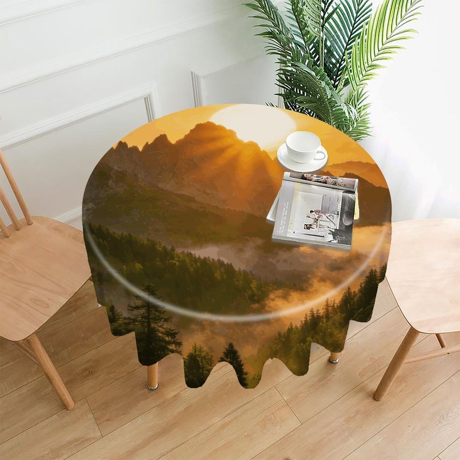 LZQPOEAS Sun and Mountain Tablecloth Easy to Clean Polyester Round Table Cover Washable Round Table Cloth Wrinkle-Free Circle Decoration Tablecloth for Kitchen and Dining Room 60"