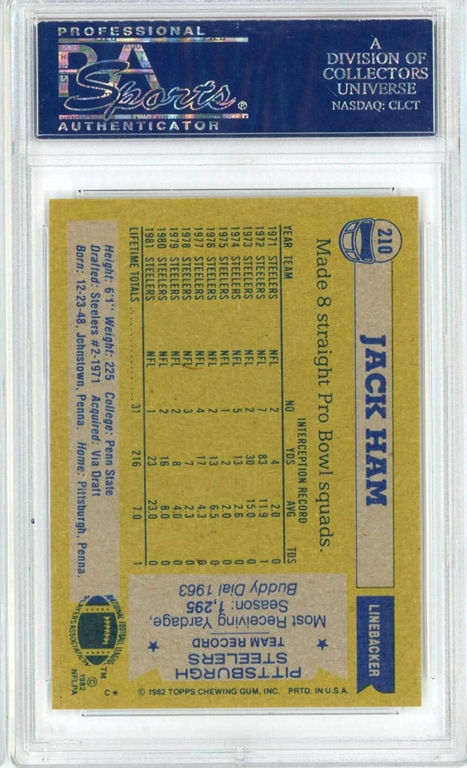 Graded 1982 Topps Jack Ham #210 Football Card PSA 9 Mint