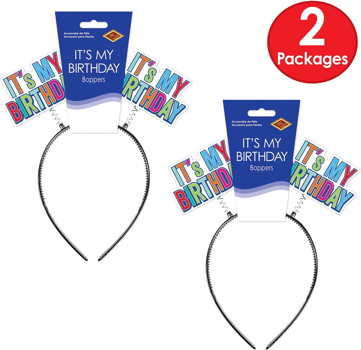 Beistle "It’s My Birthday" Headband Boppers – 2-Pack Colorful Celebration Headband Accessories with Printed Icons on Snap-On Bands for B-Day Parties, Photos and Group Fun