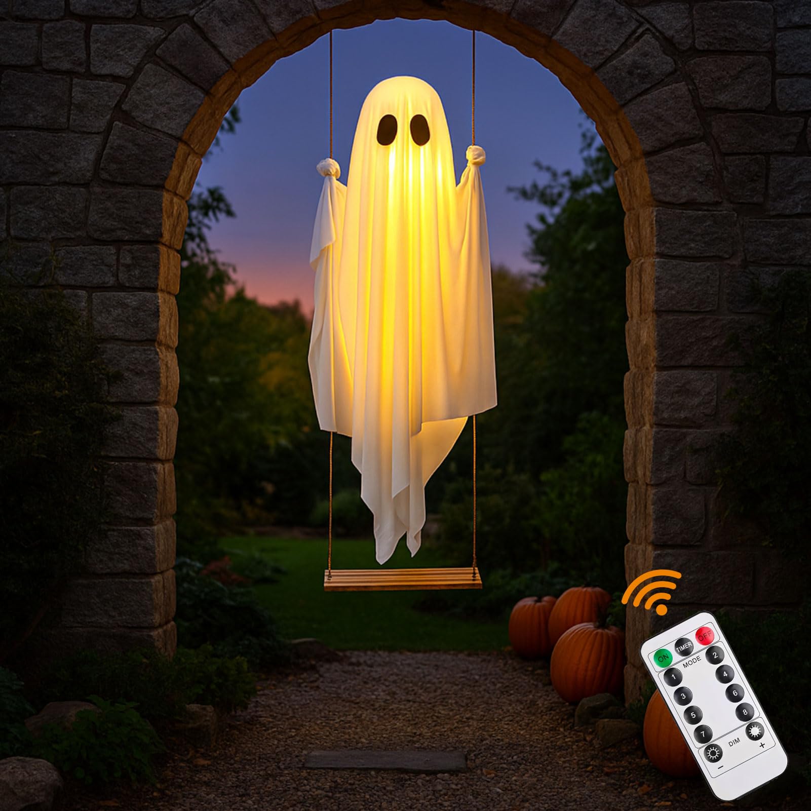 Halloween Deko Geister Hängend, 100CM Geist Deko mit Lichterkette Hängende Schaukel Geister mit Fernbedienung Halloween Deko Outdoor Gespenst mit Led Lichter Gruselige Ghost für Veranda Hof Baum (A)