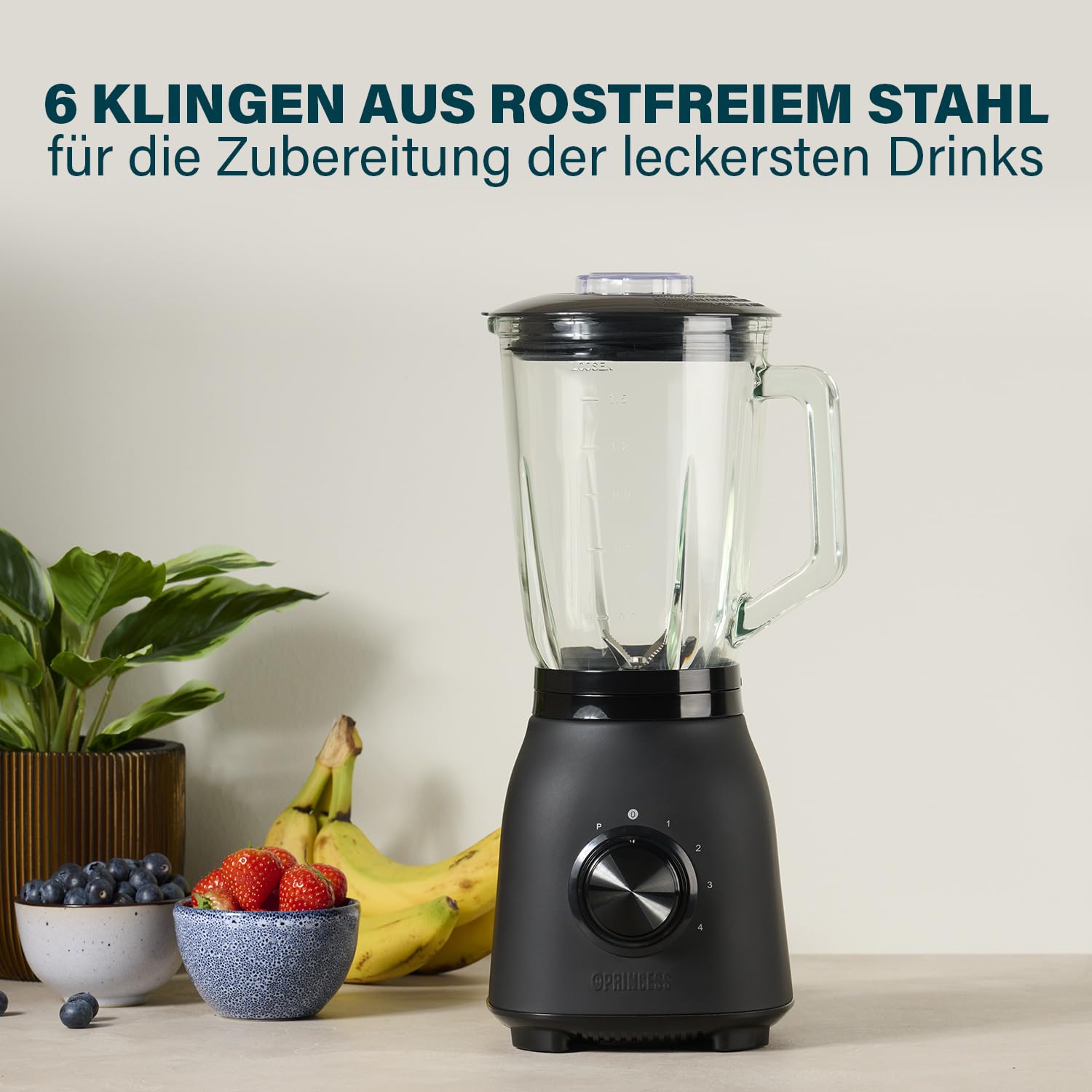 Princess Standmixer Black Steel 4 Geschwindigkeitsstufen, Impuls-Funktion, 6 Klingen, 1000 Watt, 1,5 Liter Glas Krug, Schwarz, Edelstahl 01.212092.01.001