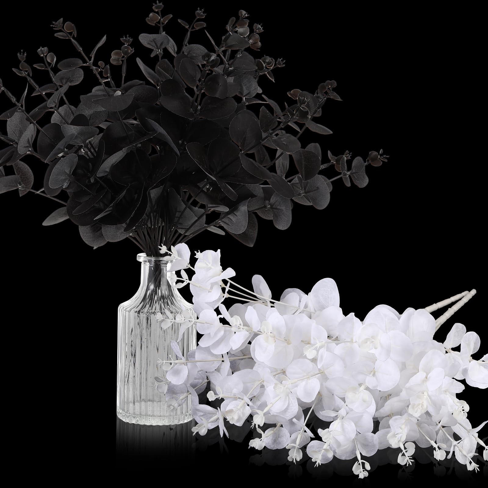 Syhood Confezione da 4 steli di eucalipto bianco e nero con 16 rami, foglie di eucalipto artificiali da 48,3 cm, decorazione di foglie di eucalipto rami bouquet finto gotico decorazione bagno per casa