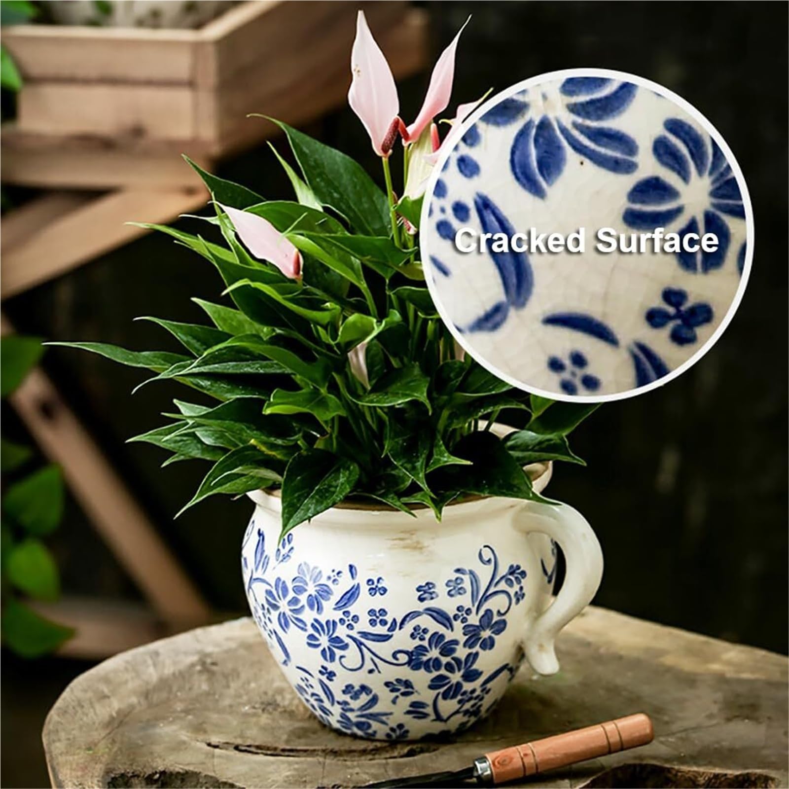 Doniczka Vintage Retro Rustykalna Ceramiczna Doniczka Z Uchwytem - Vintage Pęknięty Wazon Wystrój Ogrodu(Blue2, With Drain)