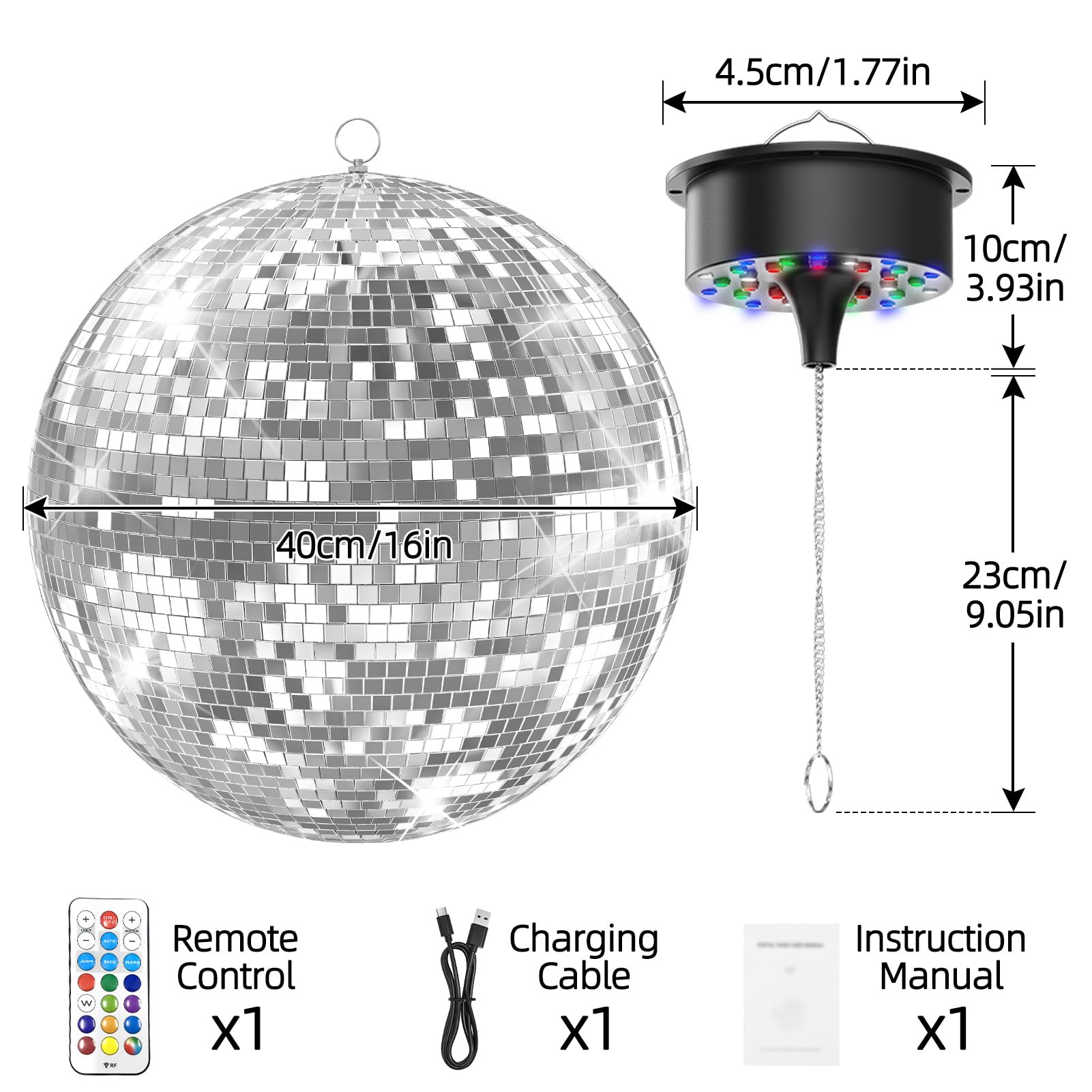 Bola de discoteca de 16 pulgadas con motor giratorio, 1-20 rpm