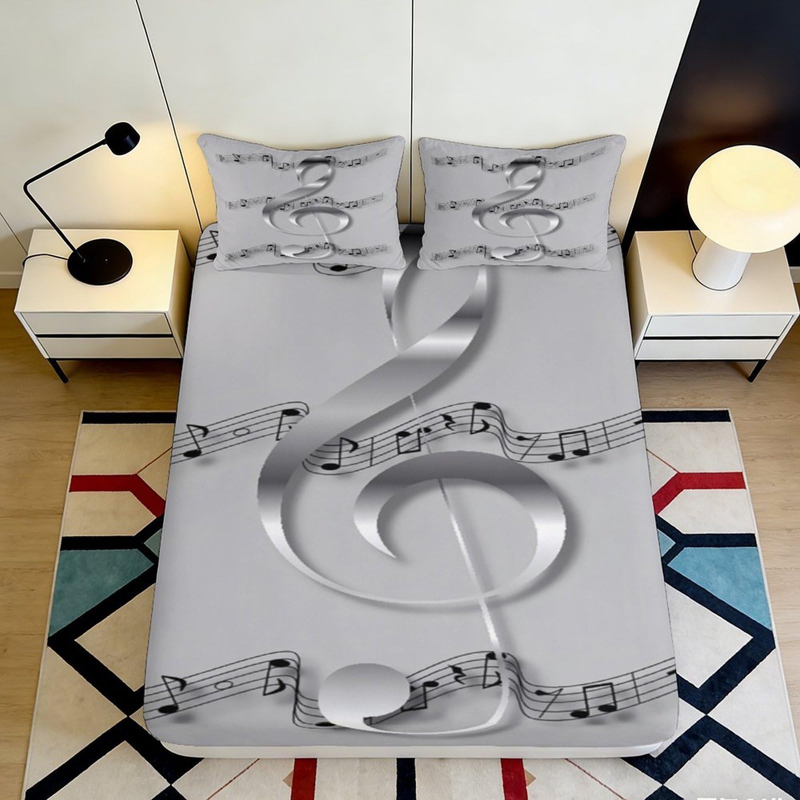 3D Printed Musical Note Fitted Sheet Microfiber Soft Grey Bed Cover with Staff Pattern for Bedroom Dorm Decor 90x200x25cm