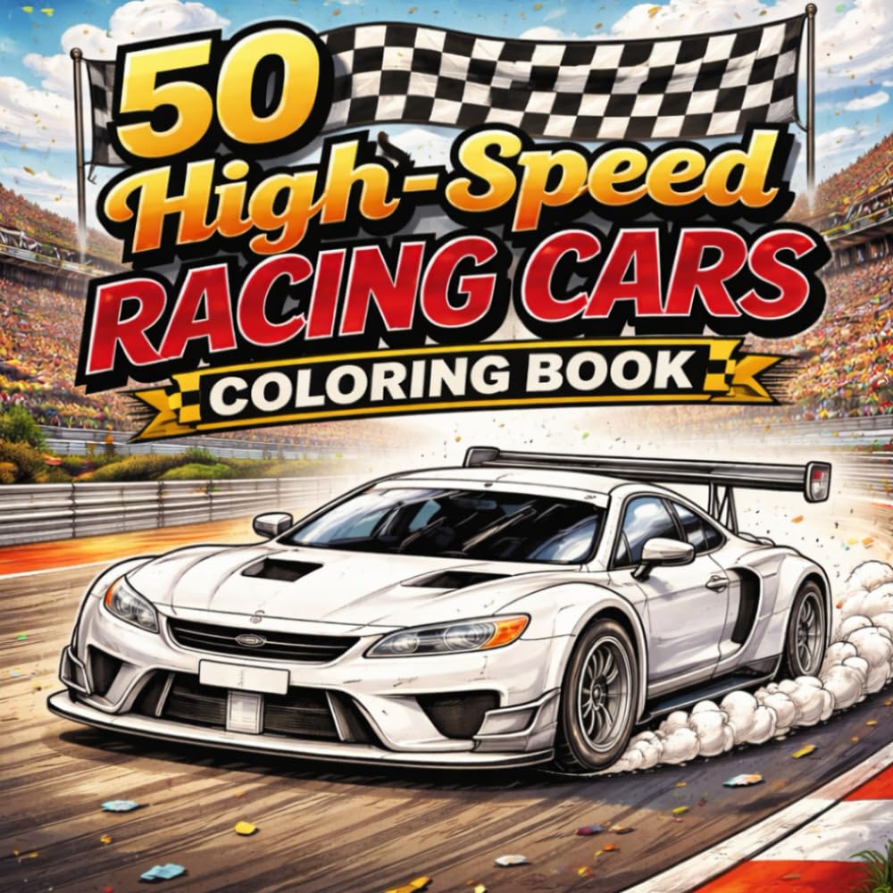 50 High-Speed Racing Cars Coloring Book: Bold & Easy Coloring Pages for Kids and Adults | 50 Fast Supercars, Formula Cars, Rally Cars, GT Cars, and Motorsport Machines