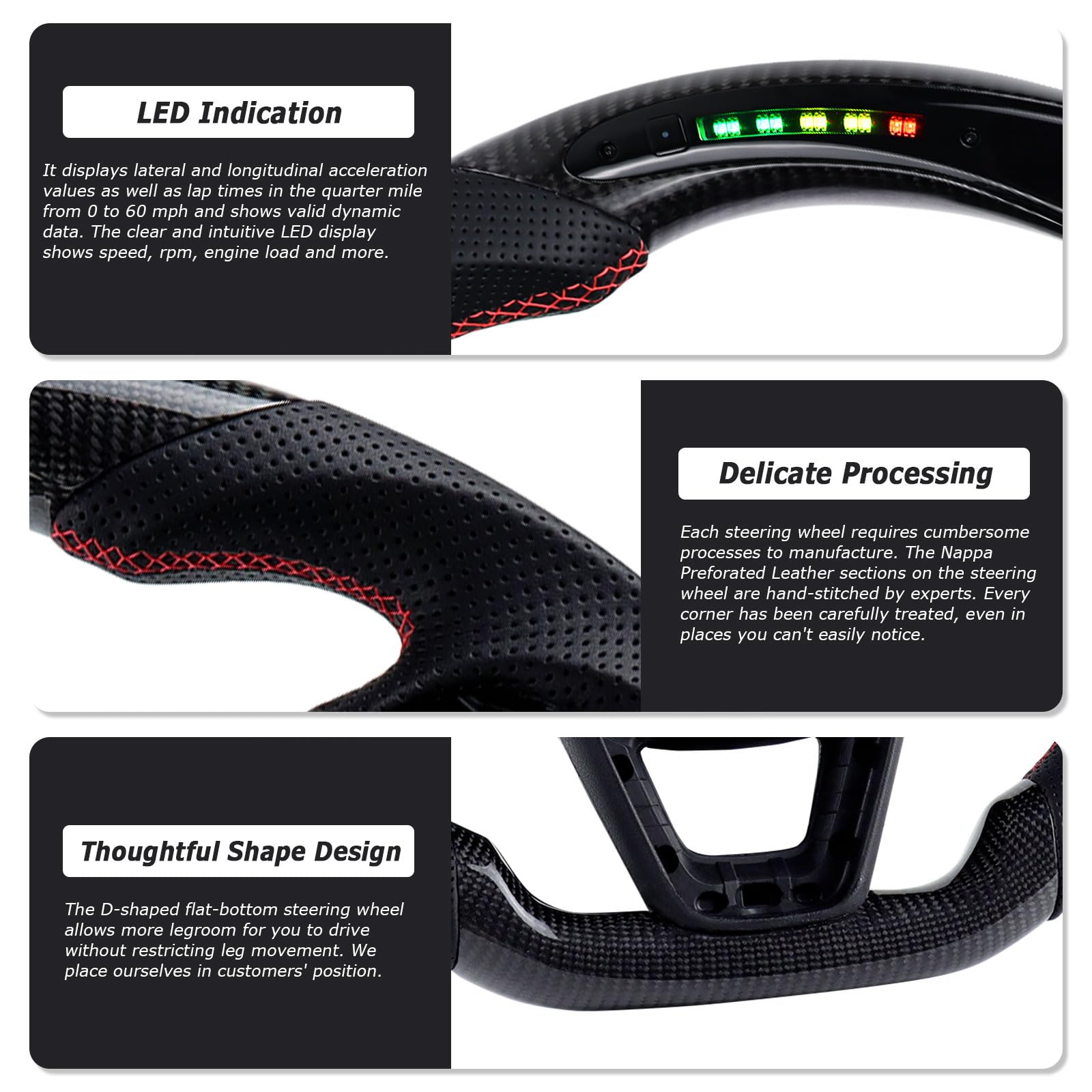 Volante de fibra de carbono, volante de cuero en forma de D, parte inferior plana, indicador de cambio LED, mango de cuero perforado para Seat Cupra Leon MK3 2013-2019