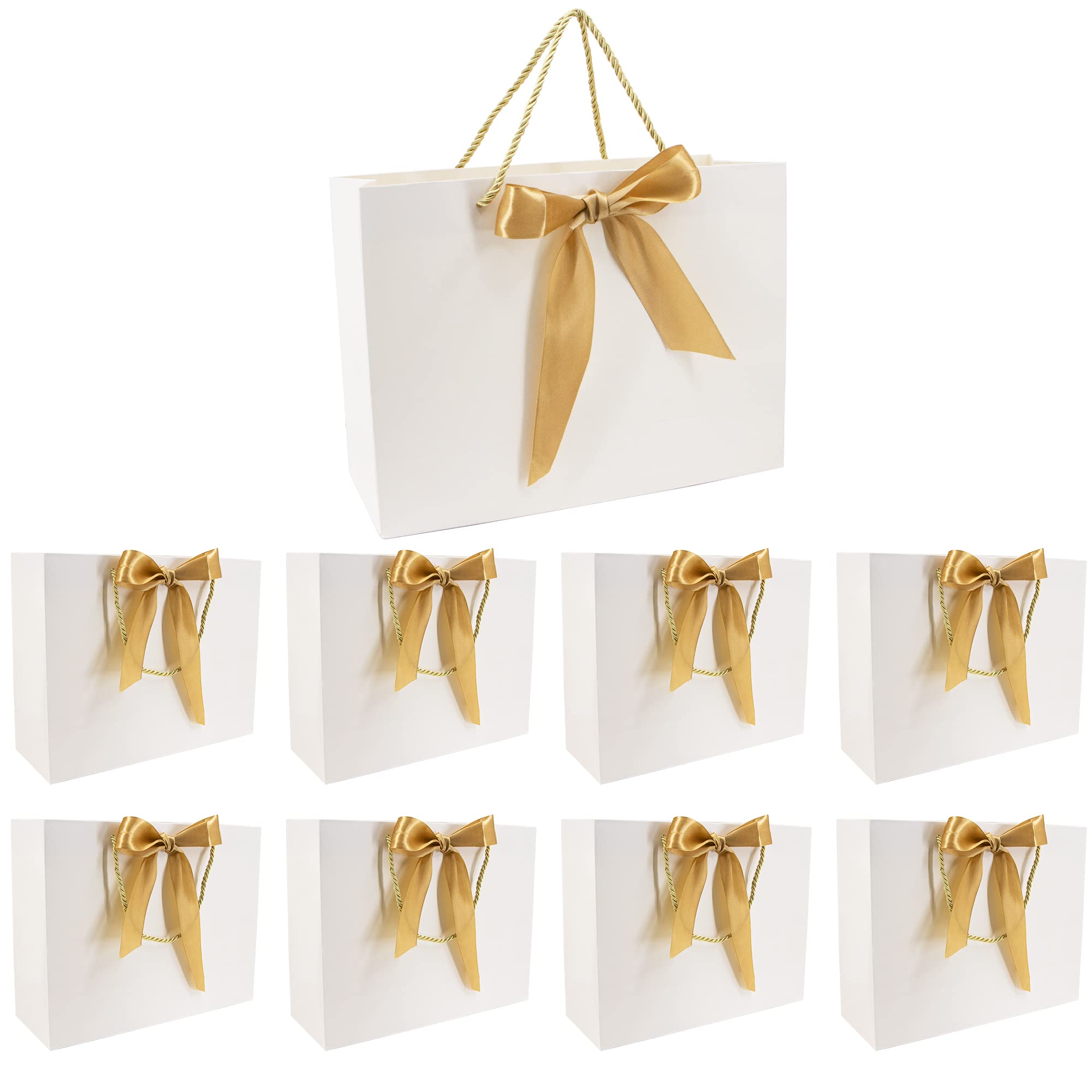 Time to Sparkle 8 PCS Gift Bags Large Size with Handles Bulk, Waterproof Paper Bags with Bow Ribbon for Baby Shower Wedding Party Birthday Holiday Celebrations (32 * 25 * 11cm) White/Gold