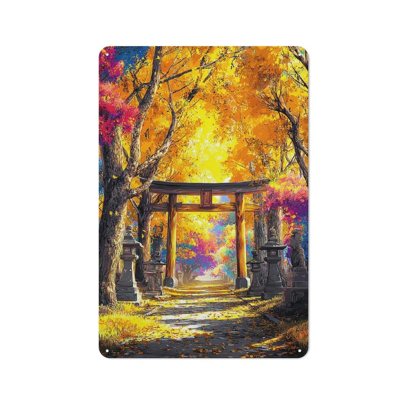 Decorative Tin Plaque with Autumnal Torii Gate Serenity -2 Design 30x20cm, Classic Novelty Wall Art for Flat, Dorm Room, Lounge Or Cafe