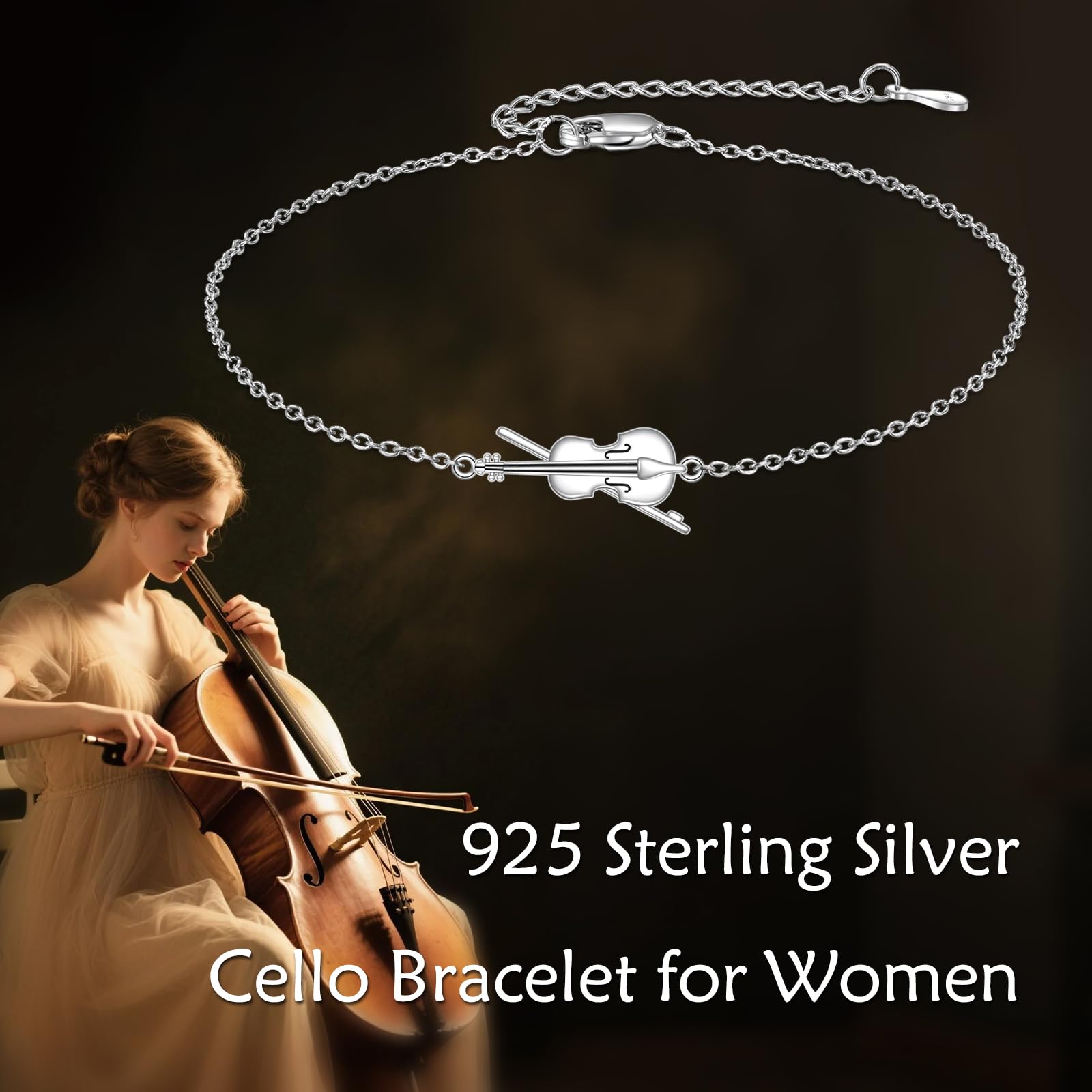 YAFEINI Pulsera de violonchelo y violín de plata de ley 925, pulsera de violonchelo, joyería musical, regalos para mujeres amantes de la música