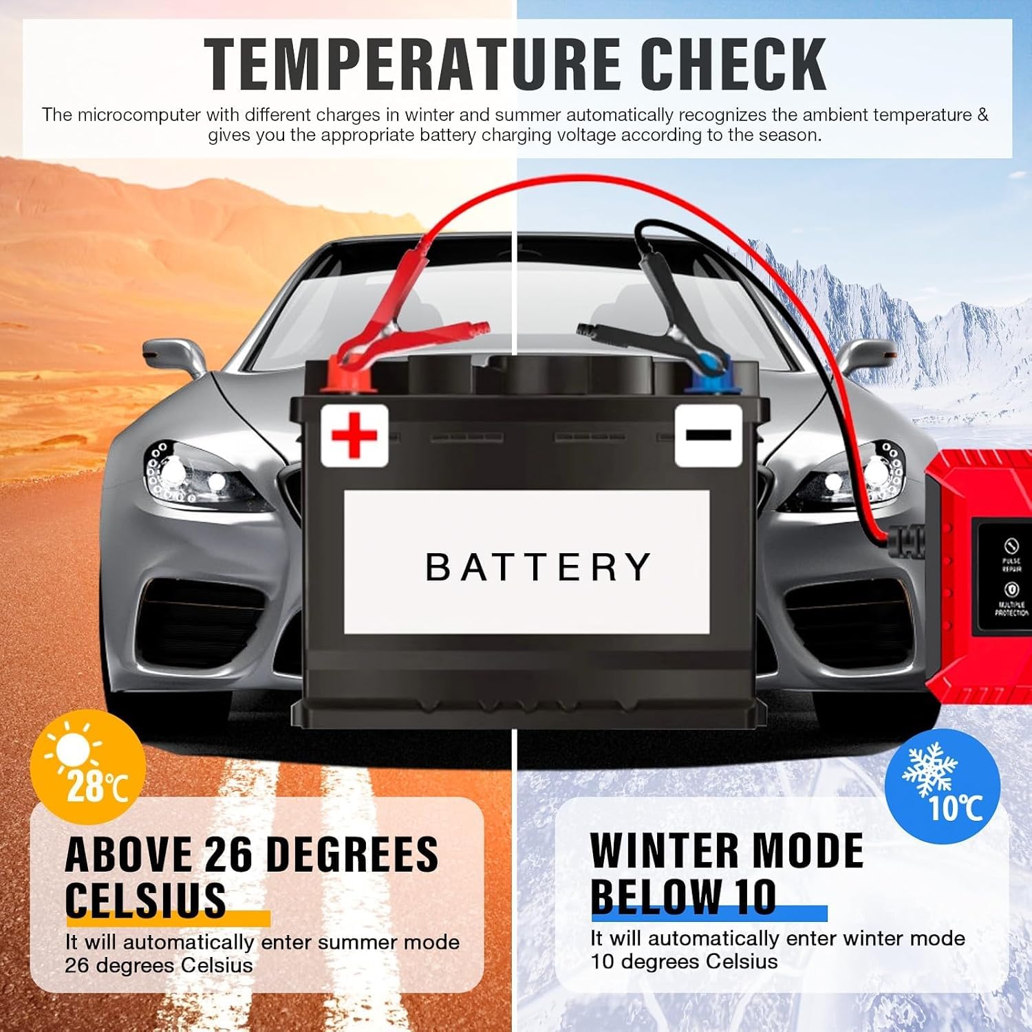 Chargeur Batterie Voiture, 6A 12V Chargeur de Batterie Intelligent avec Écran Tactile LCD, Compensation Température, Mode Réparation, pour Moto, Voiture, Tondeuse, Gazon, AGM, Gel, SLA