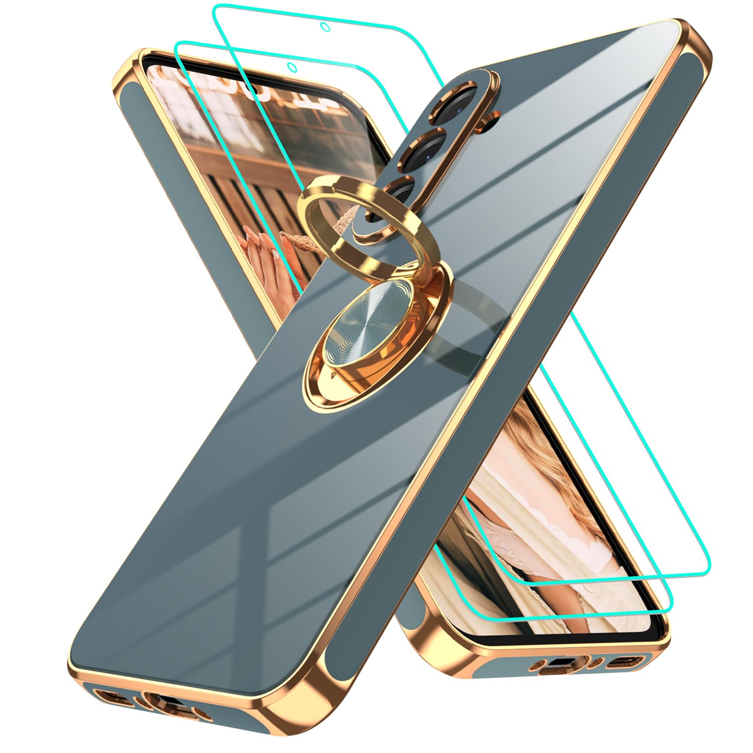 Gritup Slim Fit Case for Samsung Galaxy S Series,Shockproof Soft Cover with 2 Pcs HD Screen Protectors,and Built-in Ring Kickstand Phone Cover