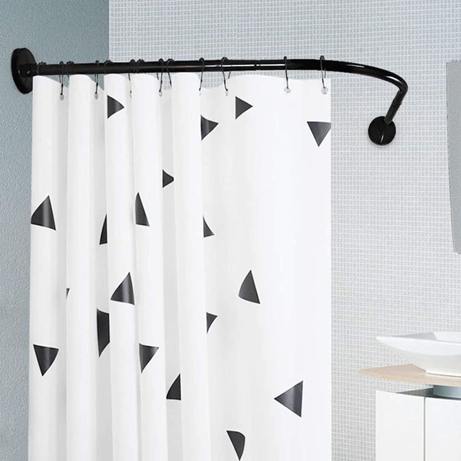 Barra de cortina de ducha de tensión ajustable, instalación sin taladrar, diseño en forma de L para baño