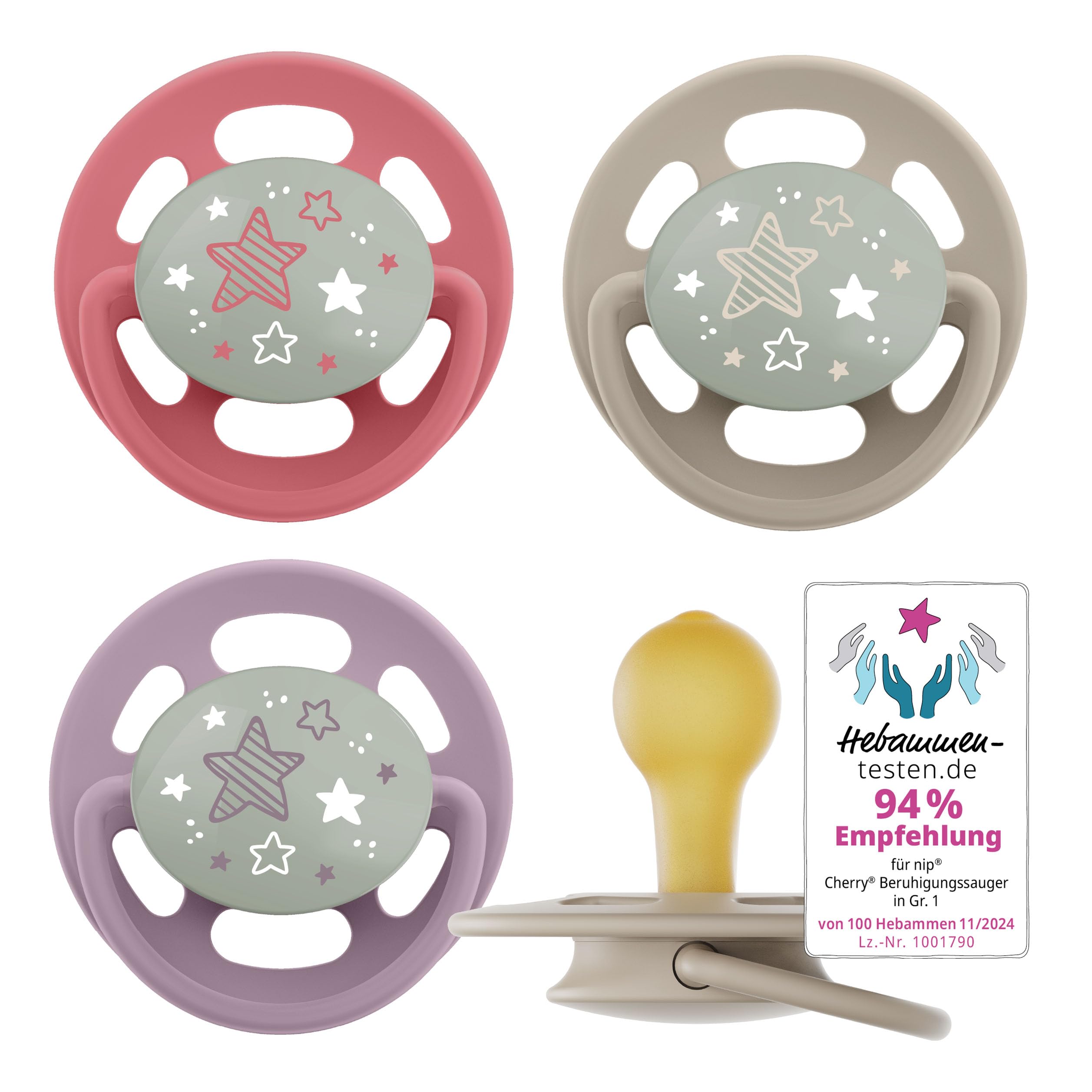 nip - Cherry Green Night | 0-6 Monate | 4er Pack | Kirschform | Stillfreundlicher, kiefergerechter Babyschnuller. Leuchtet im Dunkeln. Nachhaltiger Schnuller aus natürlichen Rohstoffen, Lila/Rot